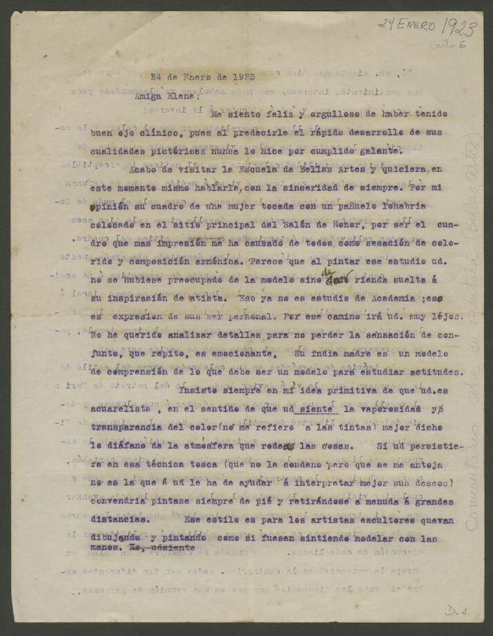 Carta sobre la obra pictórica de Elena