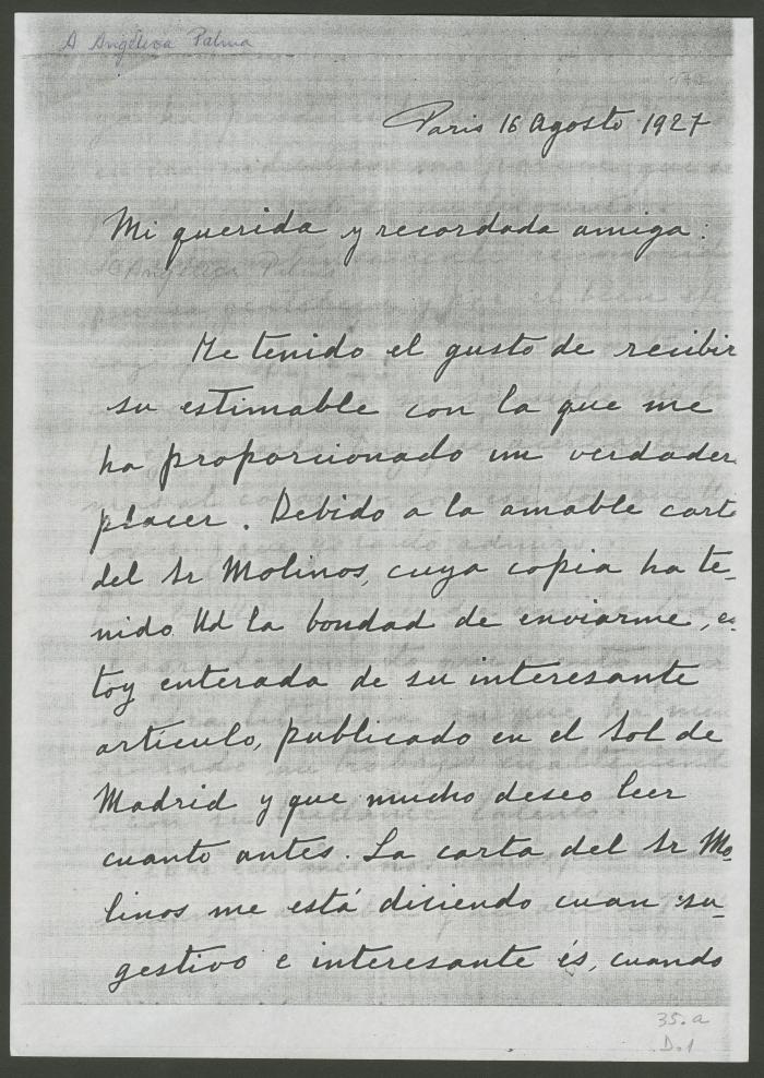 Fotocopia de carta para Angélica Palma de Elena Izcue