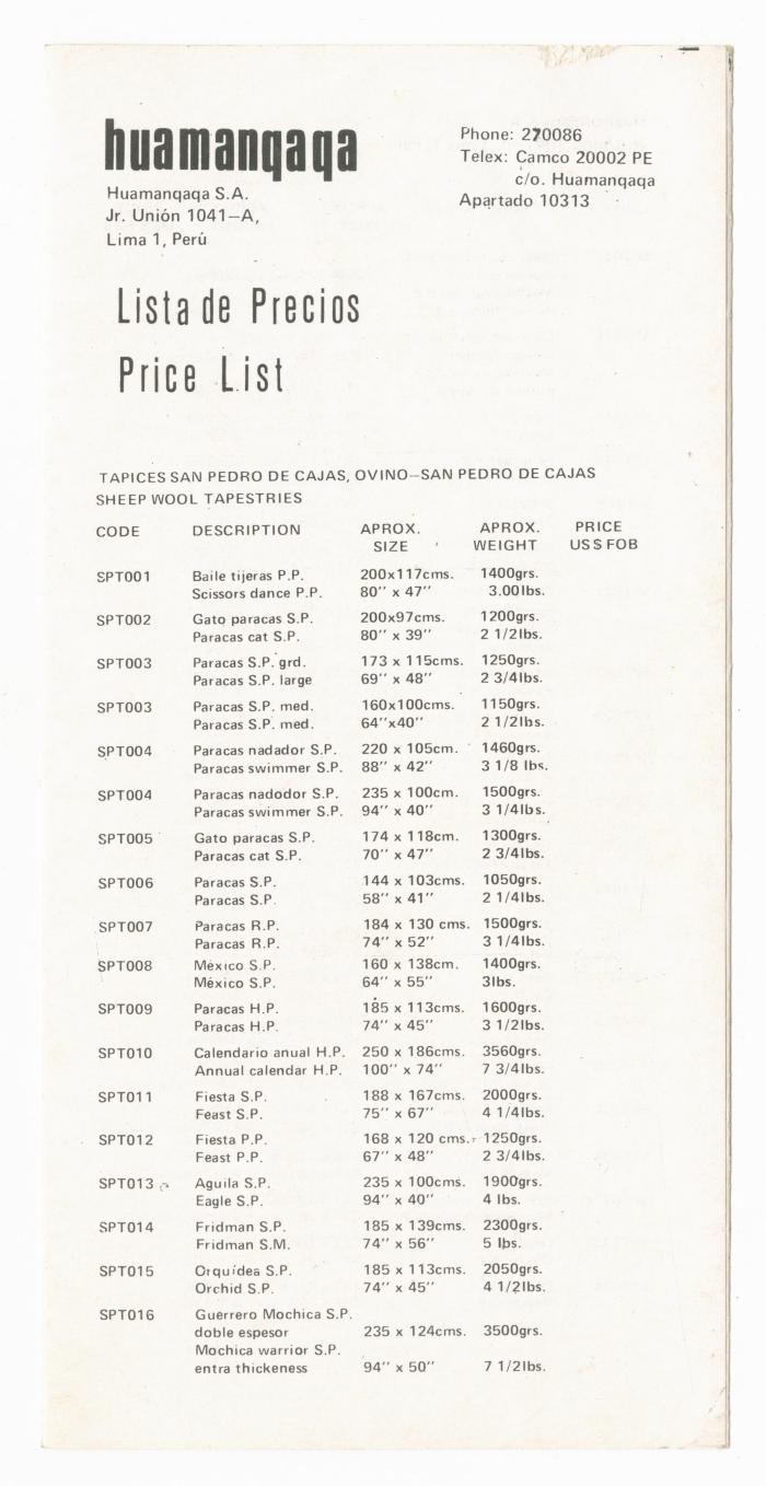 Huamanqaqa: Lista de precios