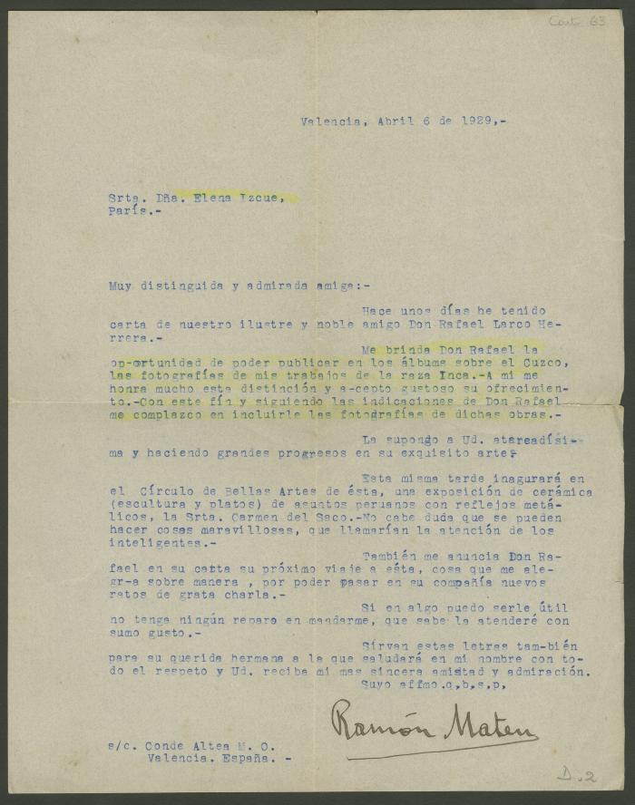 Carta a Elena Izcue de Ramón Mateu