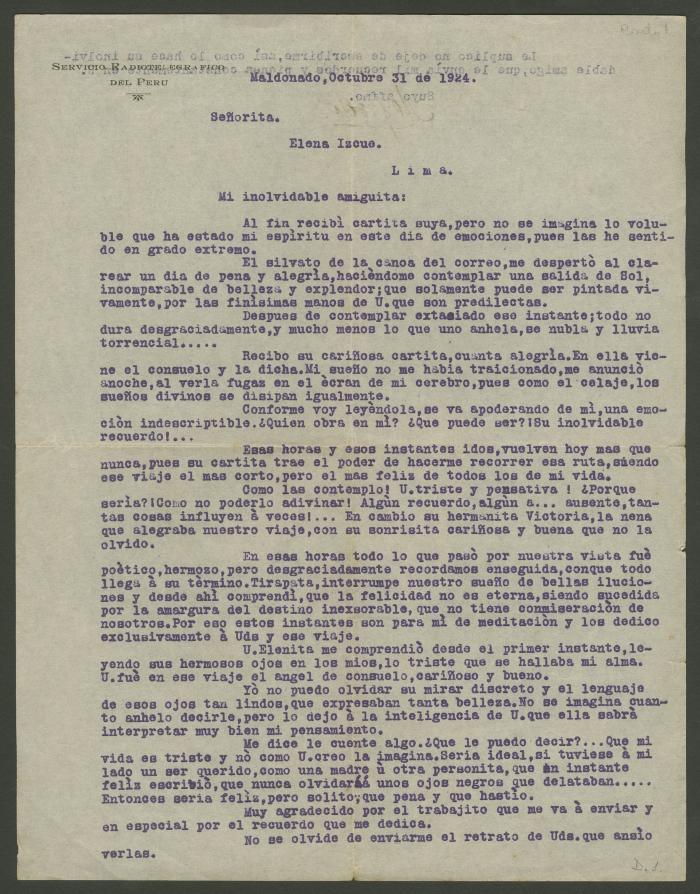 Carta de amistad a la señorita Elena Izcue