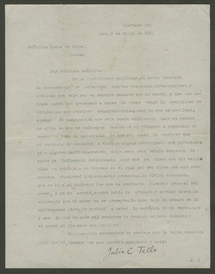 Carta a Elena Izcue de Julio C. Tello