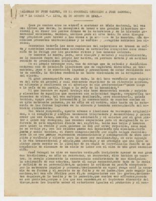 "Palabras de José Gálvez, en el Cocktail ofrecido a Sabogal..."