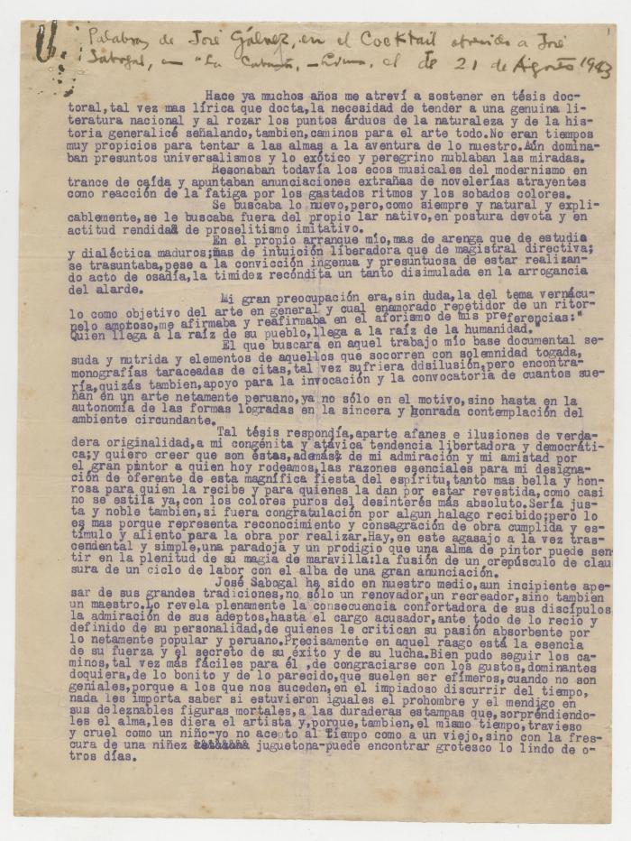 "Palabras de José Galvez, en el Cocktail ofrecido a Sabogal..."