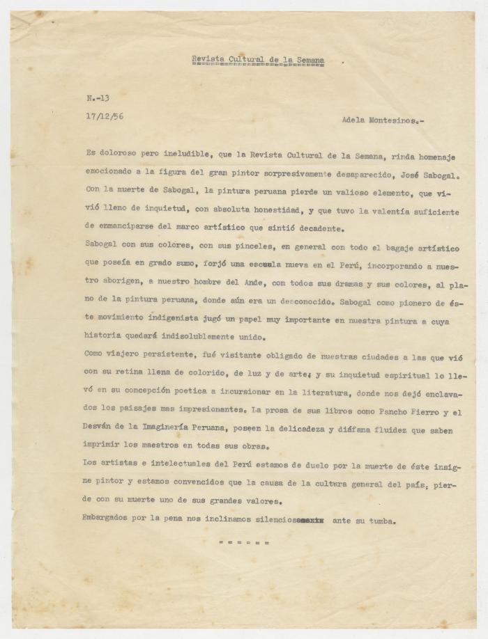 Nota de homenaje a J. Sabogal por su deceso.