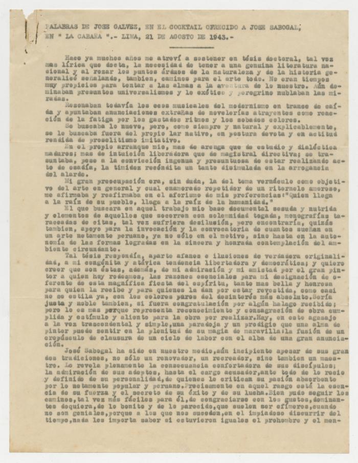 "Palabras de José Gálvez, en el Cocktail ofrecido a Sabogal..."