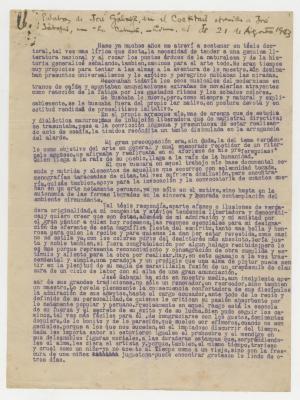 "Palabras de José Galvez, en el Cocktail ofrecido a Sabogal..."