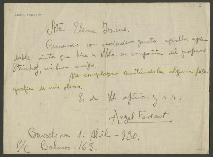 Carta de Ángel Ferrant a Elena Izcue