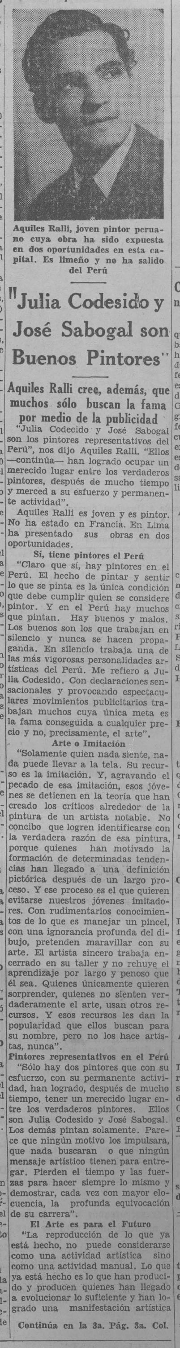 "'Julia Codesido y José Sabogal son buenos pintores': Aquiles Ralli cree, además, que muchos sólo buscan la fama por medio de la publicidad"