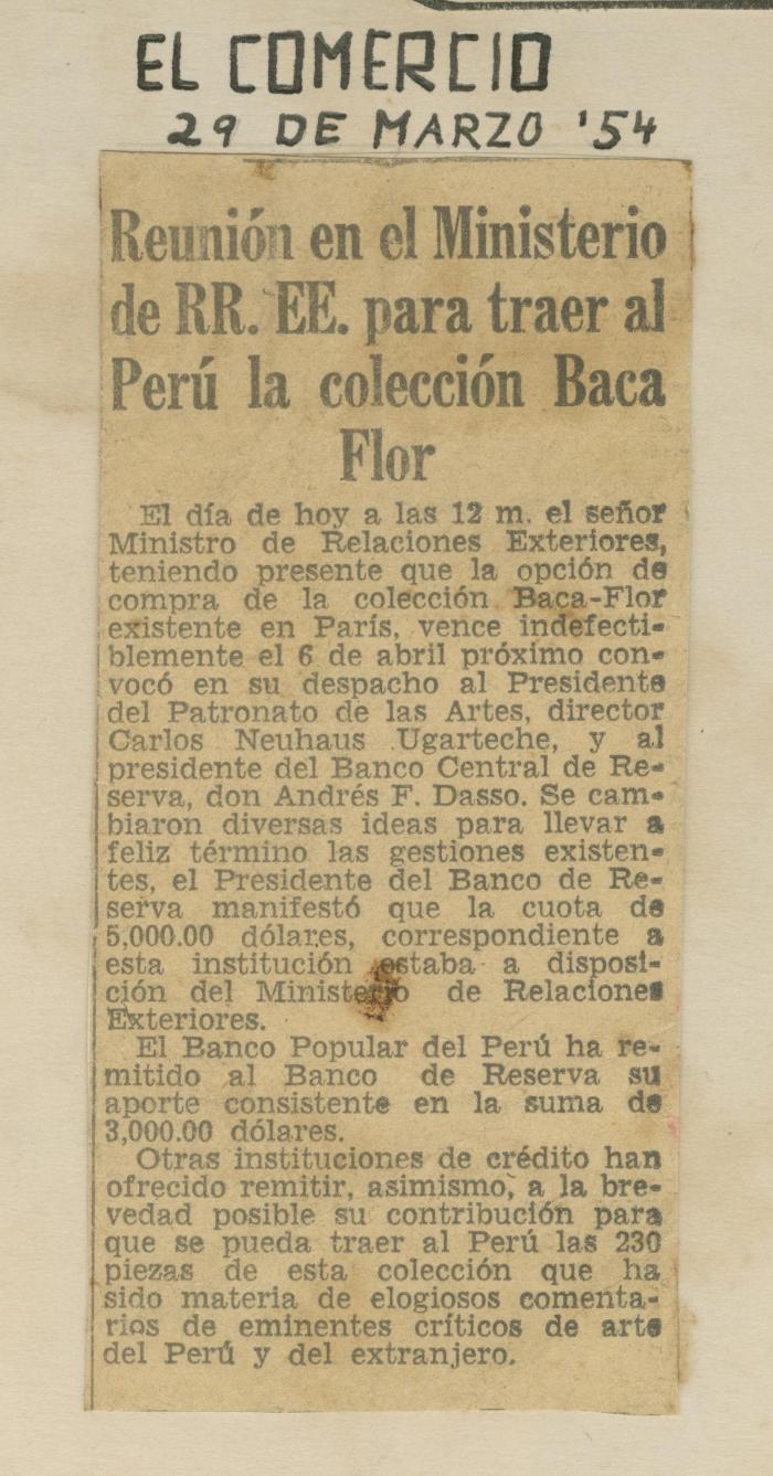 "Reunión en el Ministerio de RR.EE. Para traer al Perú la colección de Baca Flor"