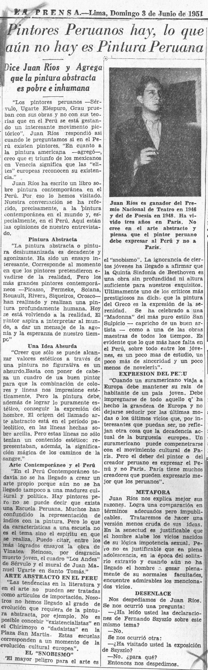 “Pintores peruanos hay, lo que aún no hay es pintura peruana: dice Juan Ríos y agrega que la pintura abstracta es pobre e inhumana”