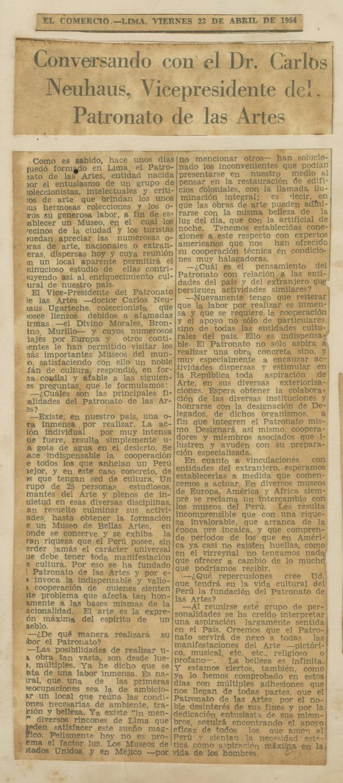 "Conversando con el Dr. Carlos Neuhaus, Vicepresidente del Patronato de las Artes"