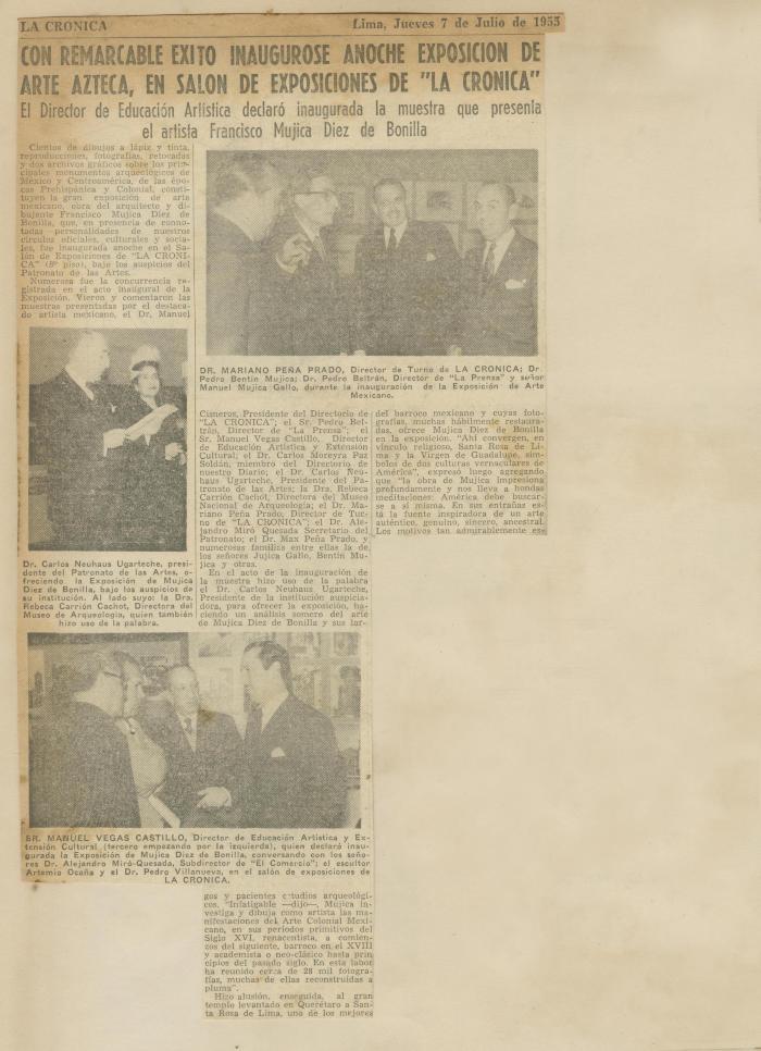 "Con remarcable éxito inaugurose anoche exposición de arte azteca, en salón de exposiciones de "La Crónica""