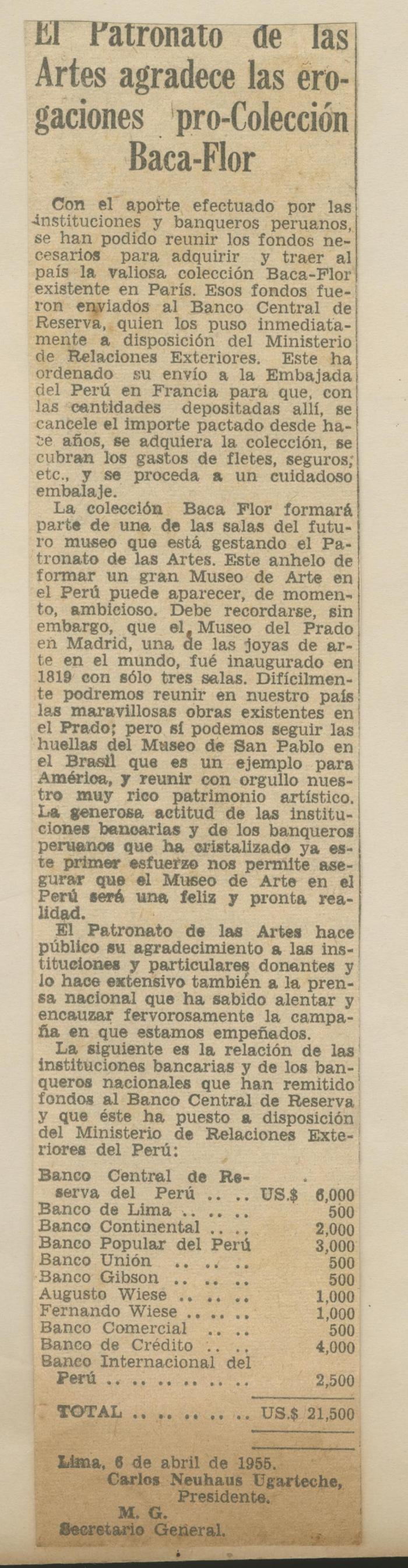 "El Patronato de las Artes agradece las erogaciones pro-Colección Baca-Flor"