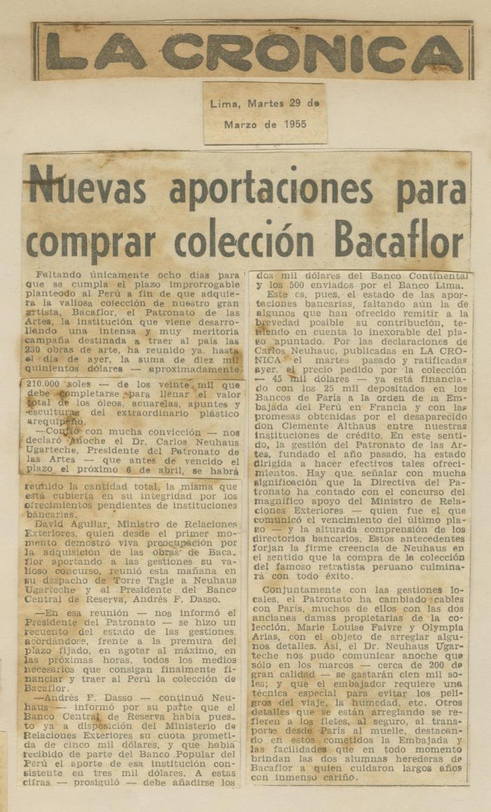 "Nuevas aportaciones para comprar colección Bacaflor"