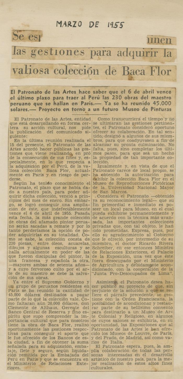 "Se esp[…] las gestiones para adquirir la valiosa colección de Baca Flor"