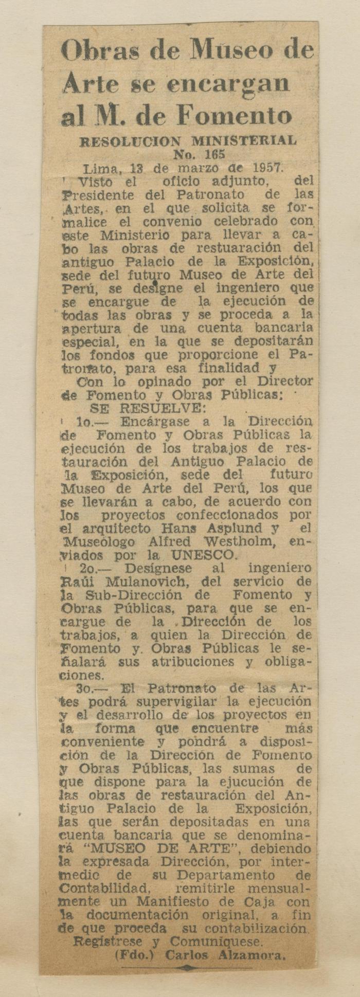 "Obras de Museo de Arte de encargan al M. de Fomento"