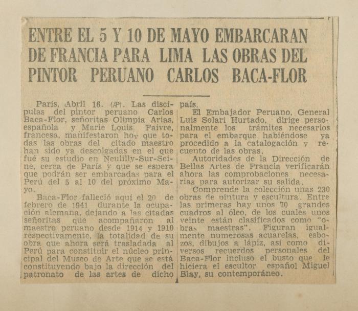 "Entre el 5 y 10 de mayo embarcarán de Francia para Lima las obras del pintor peruano Carlos Baca-Flor"