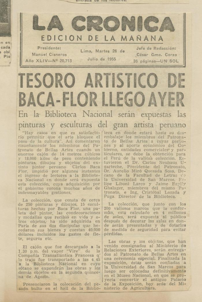 "Tesoro artístico de Baca-Flor llegó ayer"