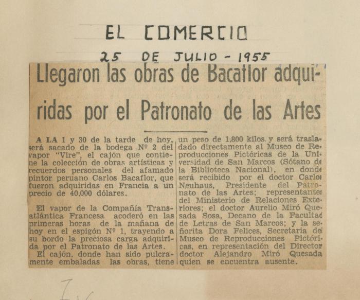 "Llegaron las obras de Bacaflor adquiridas por el Patronato de las Artes"