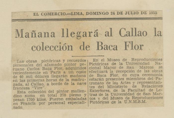 "Mañana llegará al Callao la colección de Baca Flor"