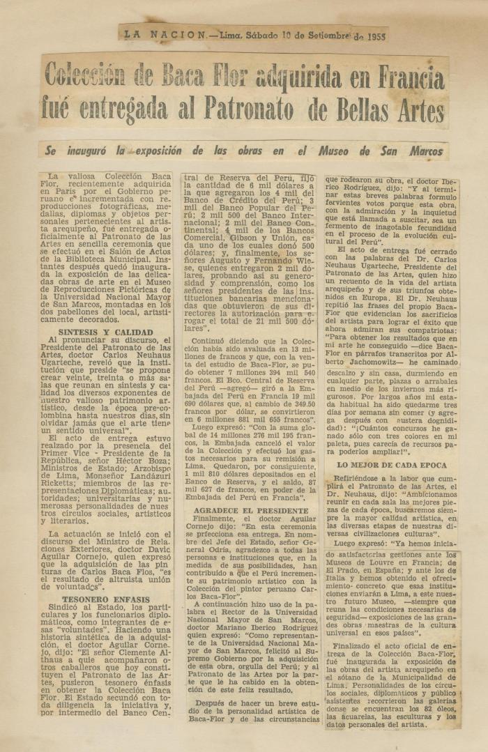 "Colección de Baca Flor adquirida en Francia fue entregada al Patronato de Bellas Artes"