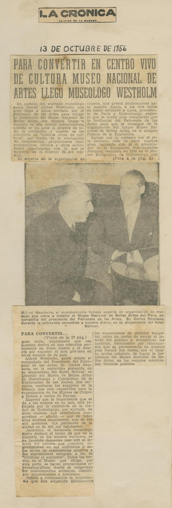 "Para convertir en centro vivo de cultura museo nacional de artes llegó museólogo Westholm"