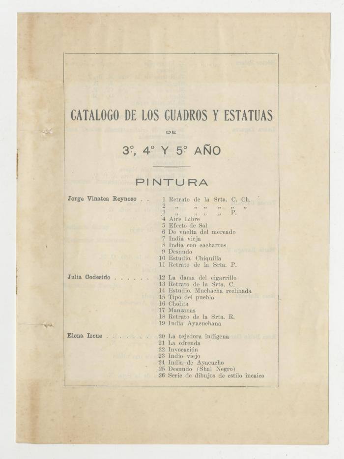 "Catálogo de los Cuadros y Estatuas de 3°, 4° y 5° año."