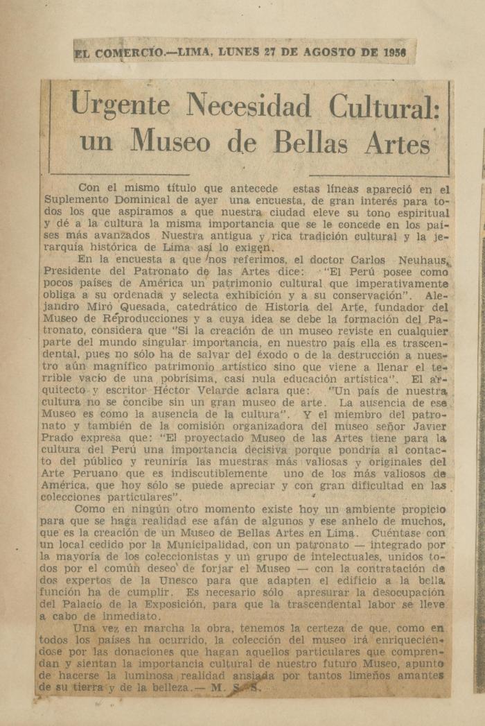 "Urgente necesidad cultural: un Museo de Bellas Artes"