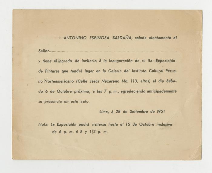 Invitación a la 5a. Exposición de Antonino Espinosa Saldaña.