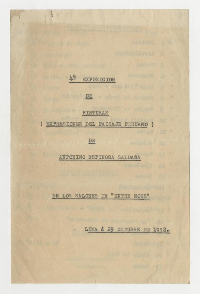 "4a. Exposición de pinturas (Expresiones de Paisaje Peruano) de Antonino Espinosa Saldaña, en los Salones de Entre Nous.