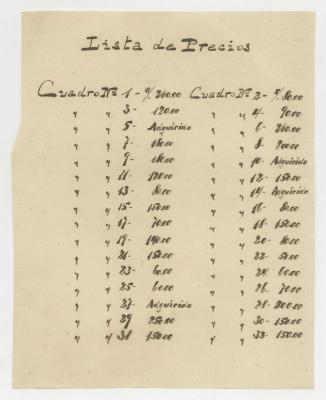 "Lista de Precios de mi Tercera exposición de Pinturas del 8 de agosto de 1936 en la Sociedad Filarmónica."