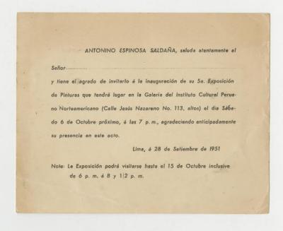 Invitación a la 5a. Exposición de Antonino Espinosa Saldaña.