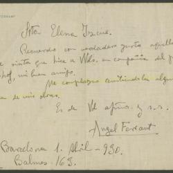 Carta de Ángel Ferrant a Elena Izcue