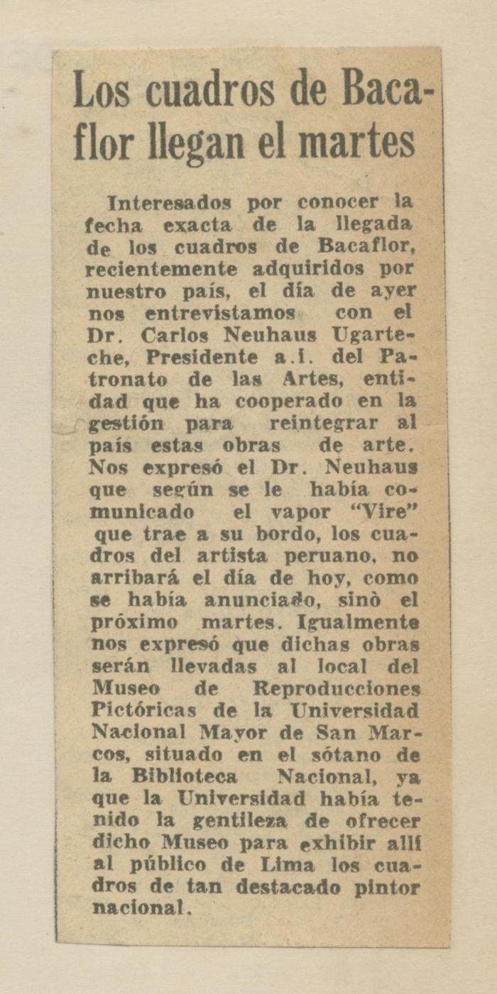 "Los cuadros de Baca-flor llegan el martes"