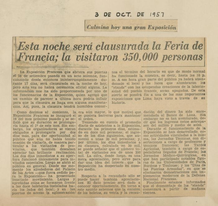 "Esta noche será clausurada la Feria de Francia; la visitaron 350,000 personas"