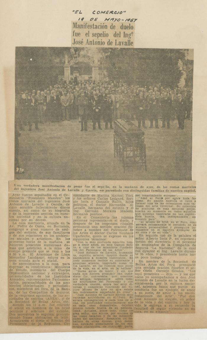 "Manifestación de duelo fue el sepelio del Ing. José Antonio de Lavalle"