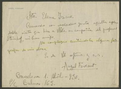 Carta de Ángel Ferrant a Elena Izcue