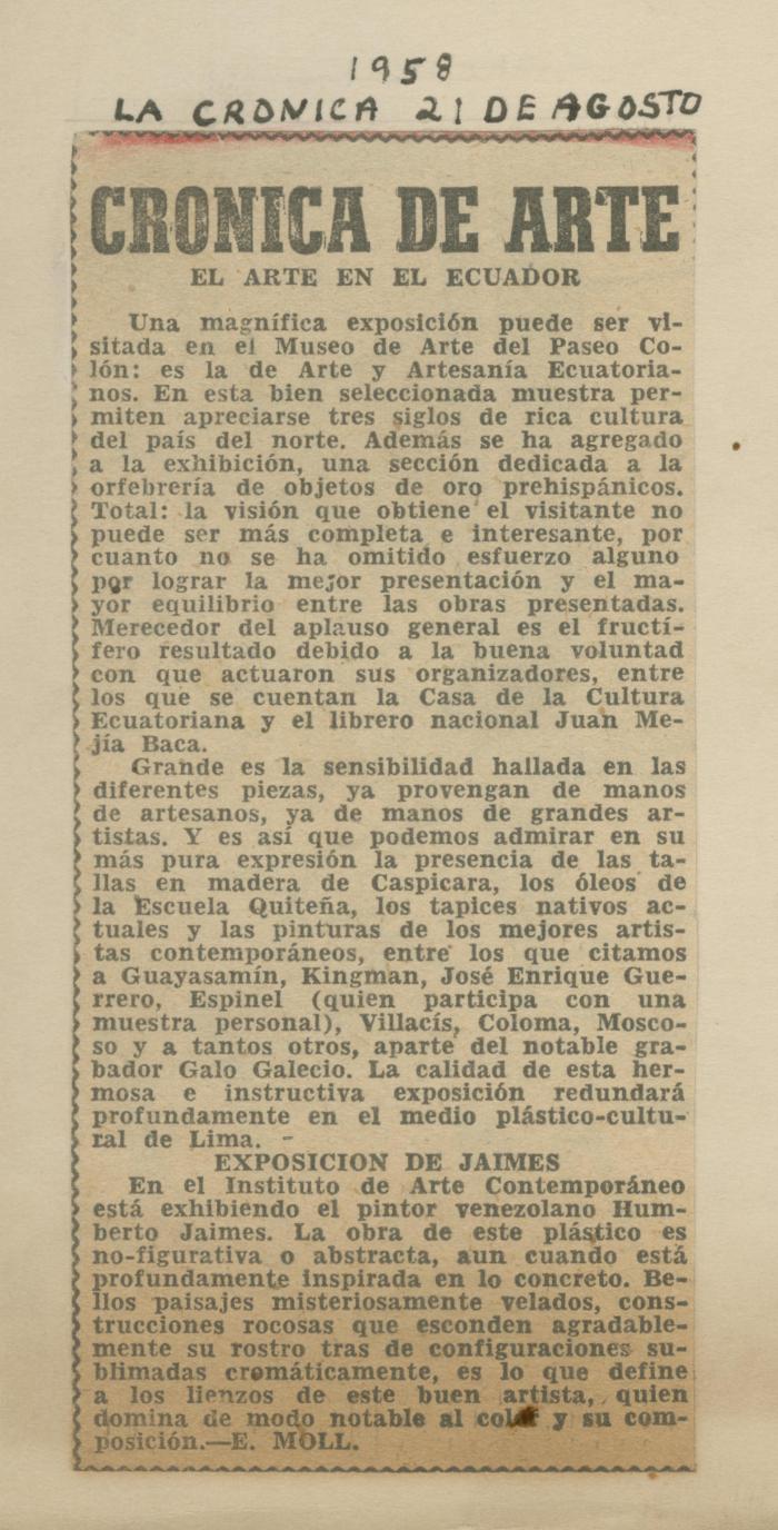 "Crónica de arte. El arte en el Ecuador"