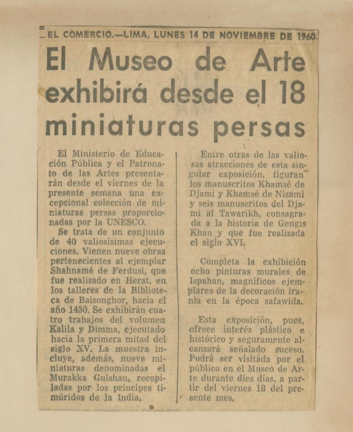 "El Museo de Arte exhibirá desde el 18 miniaturas persas"