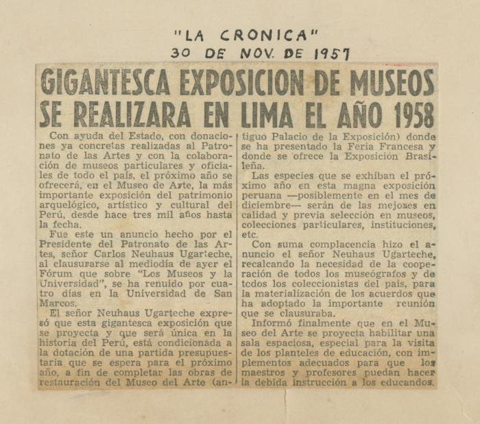 "Gigantesca exposición de museos se realizará en Lima el año 1958"