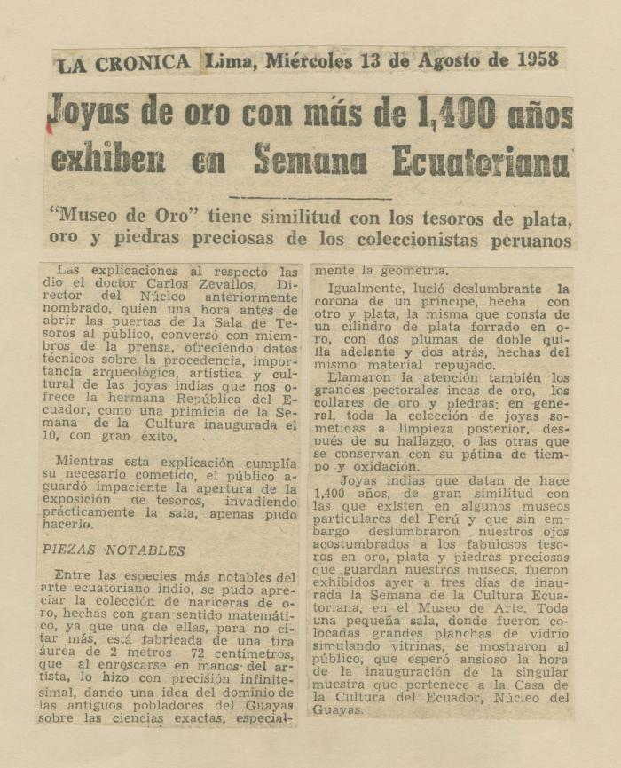 "Joyas de oro con más de 1,400 años exhiben en semana ecuatoriana"