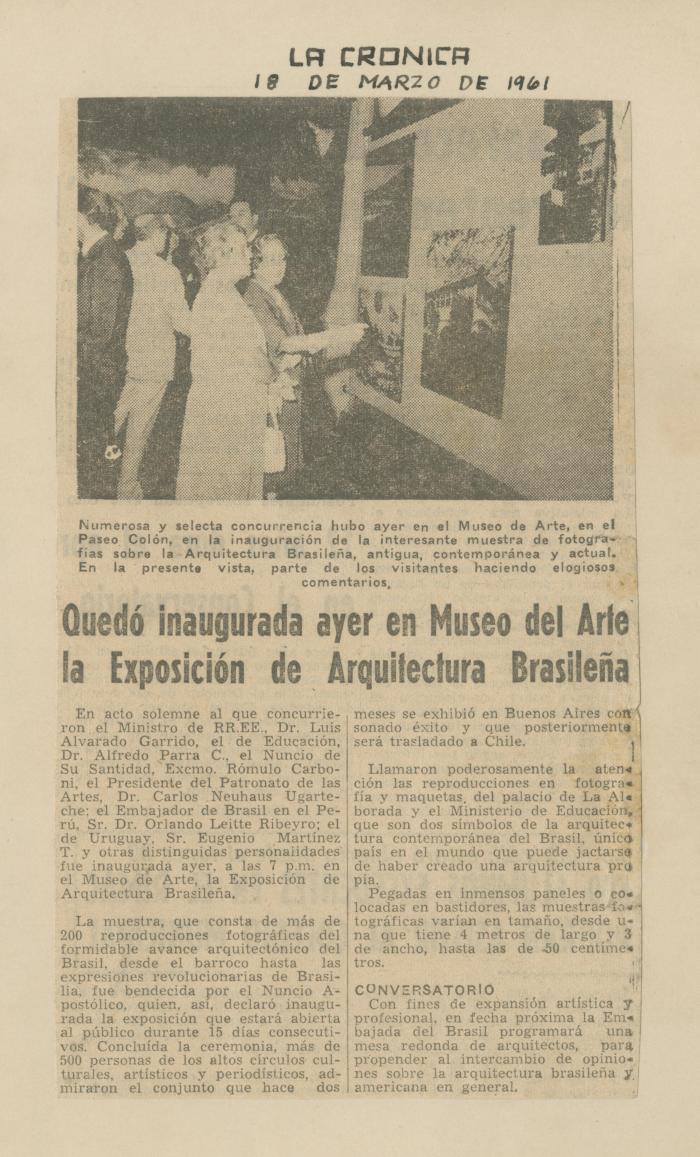 "Quedó inaugurada ayer en Museo del Arte la exposición de arquitectura brasileña"
