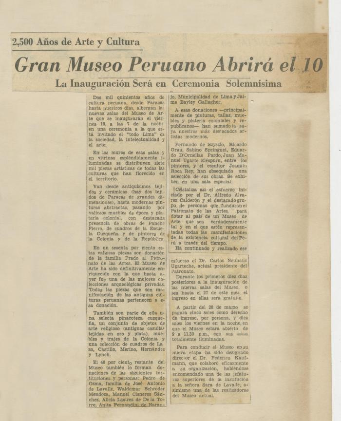 "Gran museo peruano abrirá el 10"