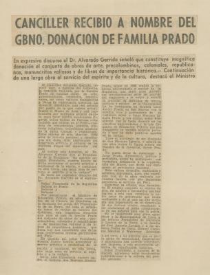 "Canciller recibió a nombre del gbno. Donación de familia Prado"