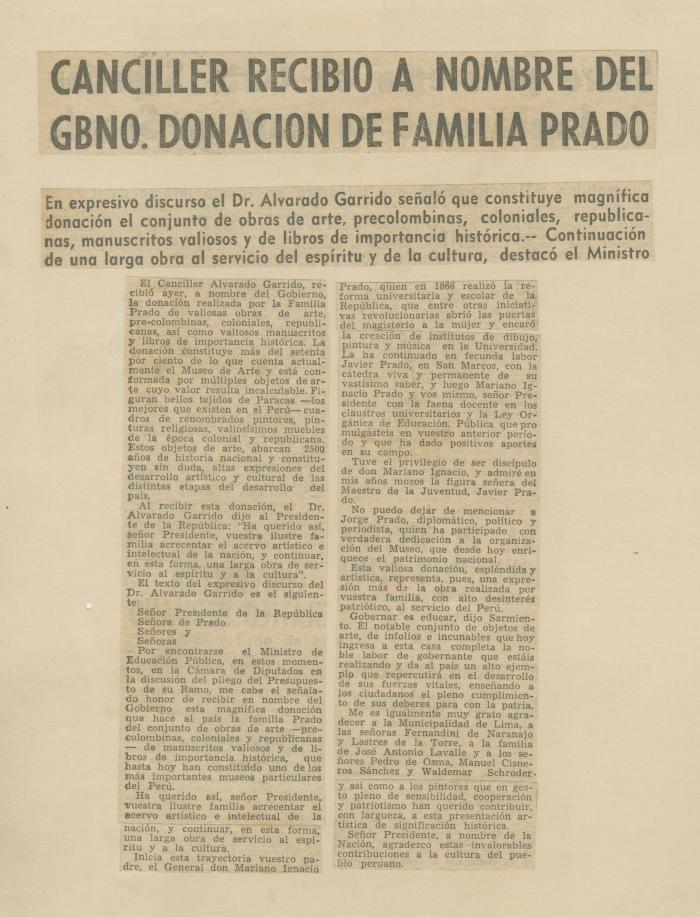 "Canciller recibió a nombre del gbno. Donación de familia Prado"