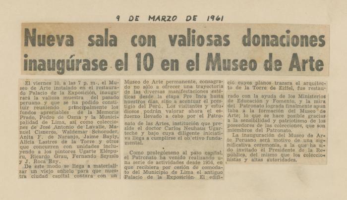 "Nueva sala con valiosas donaciones inaugurase el 10 en el Museo de Arte"