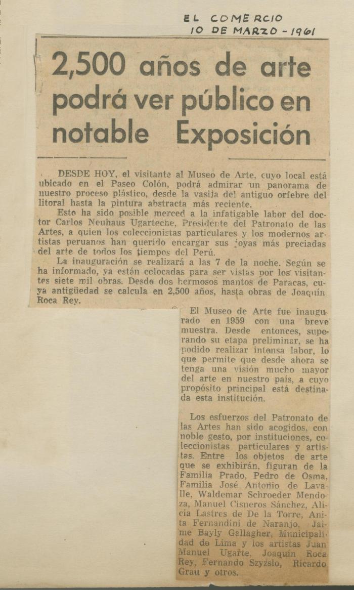 "2,500 años de arte podrá ver público en notable exposición"