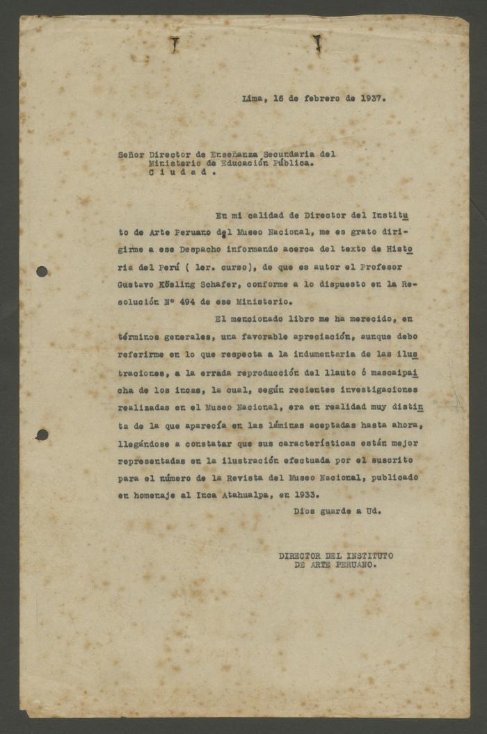 Informe de José Sabogal al Ministerio de Educación Pública sobre el texto Historia del Perú de Gustavo Kossling Schaefer