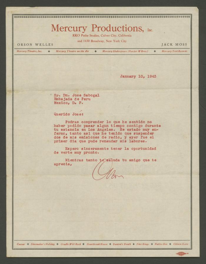 Carta de Orson Welles a José Sabogal